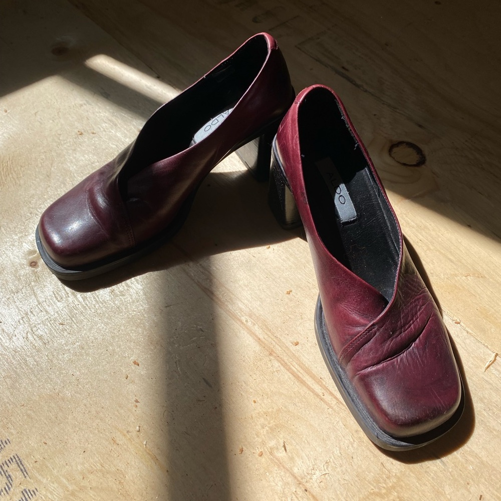 Vintage Aldo Block Square Toe Heels Pumps Burgundy Leather Oxblood Red 37